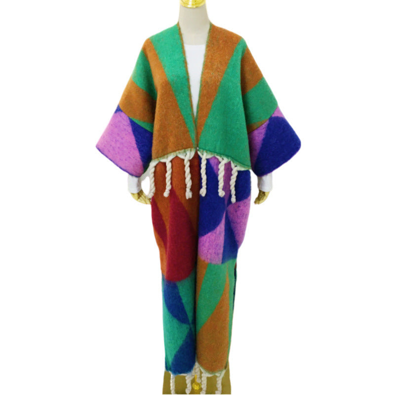 African Popular  Plus Size Casual  Print Fringe Cardigans Ankle Length Outwear Winter Fashion Fuzzy Long Duster Coat For Lady