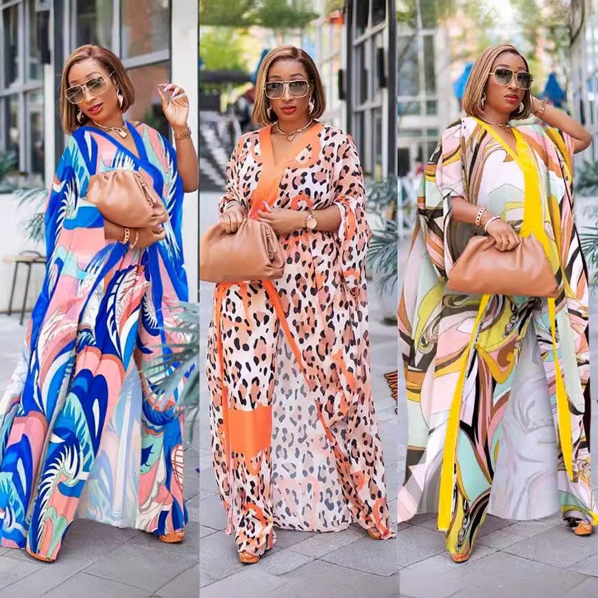 Chiffon cardigan loose pants two-piece set African robe