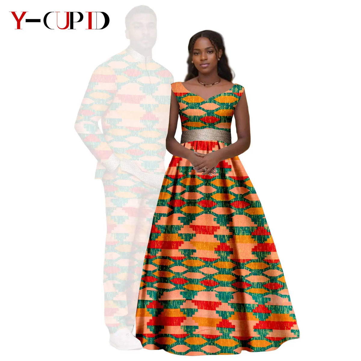 African Print V-neck Long Tutu Dresses for Women Matching Couple Clothes Men Outfits Wedding Dashiki Top and Pant Sets 25C034