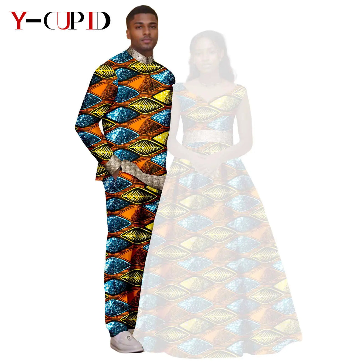African Print V-neck Long Tutu Dresses for Women Matching Couple Clothes Men Outfits Wedding Dashiki Top and Pant Sets 25C034