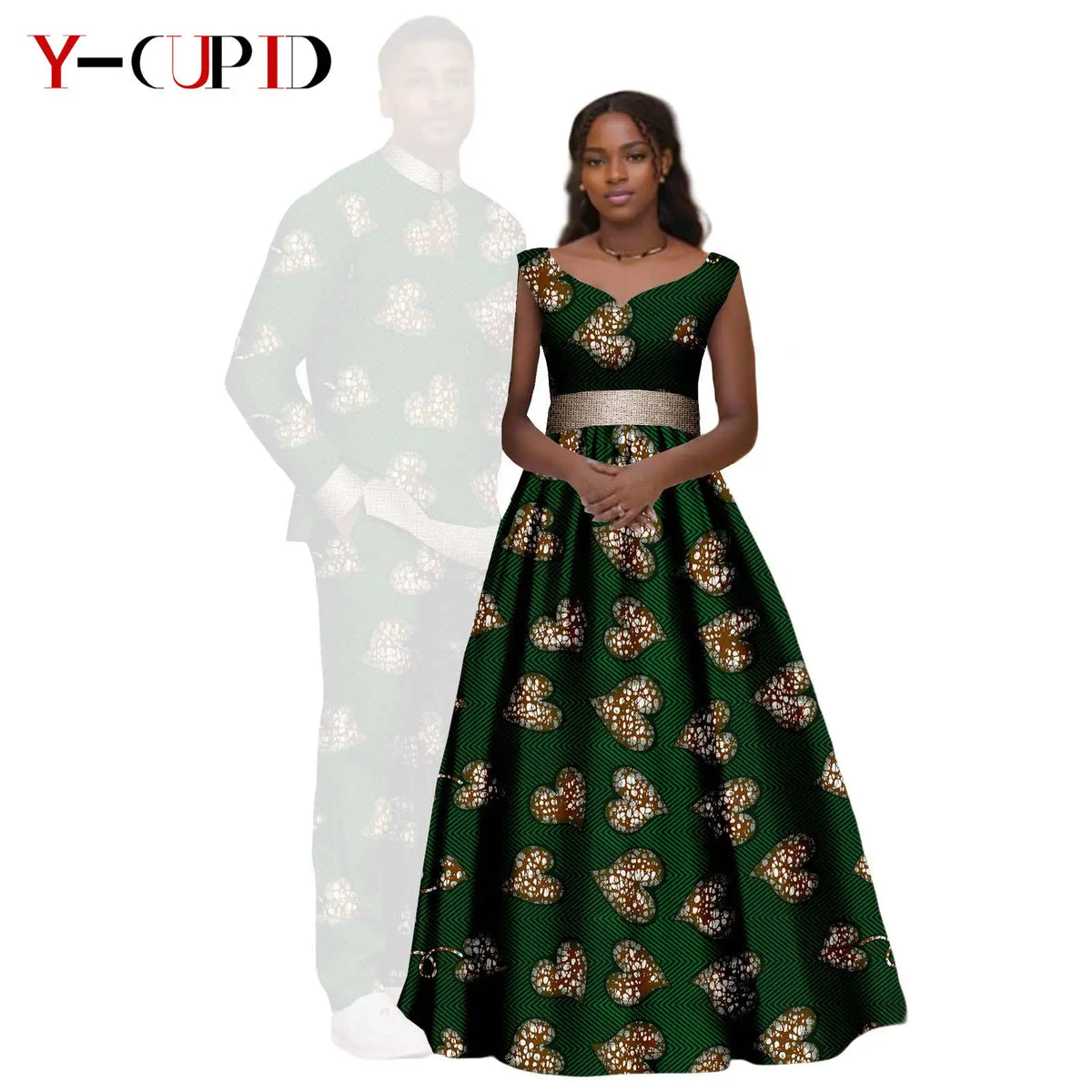 African Print V-neck Long Tutu Dresses for Women Matching Couple Clothes Men Outfits Wedding Dashiki Top and Pant Sets 25C034
