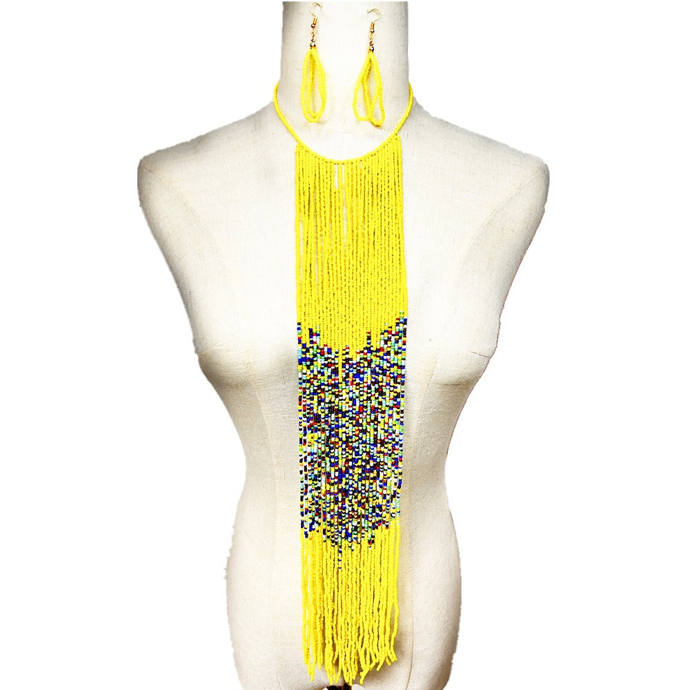 African Style Colorful Bead Necklace Set Long Tassel Sweater Chain