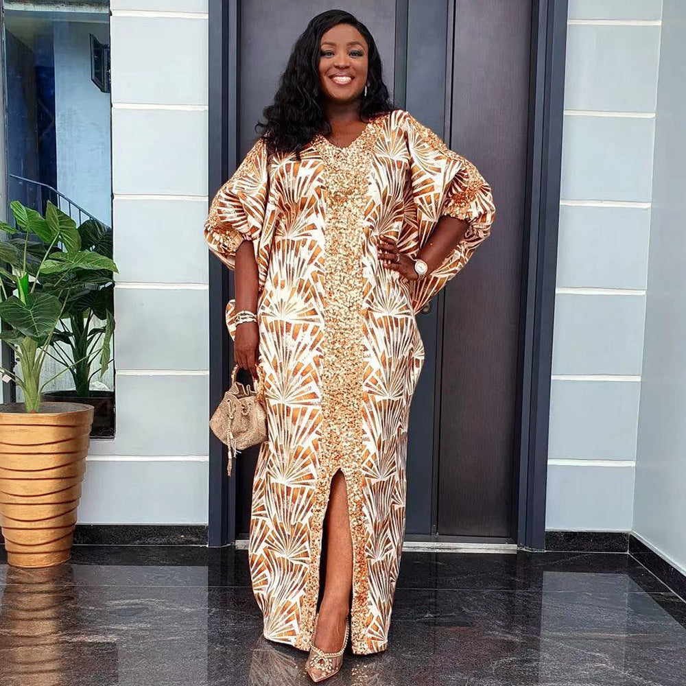 Patchwork Printed Robe African V-Neck Dress with BeadsPrinted Pattern
