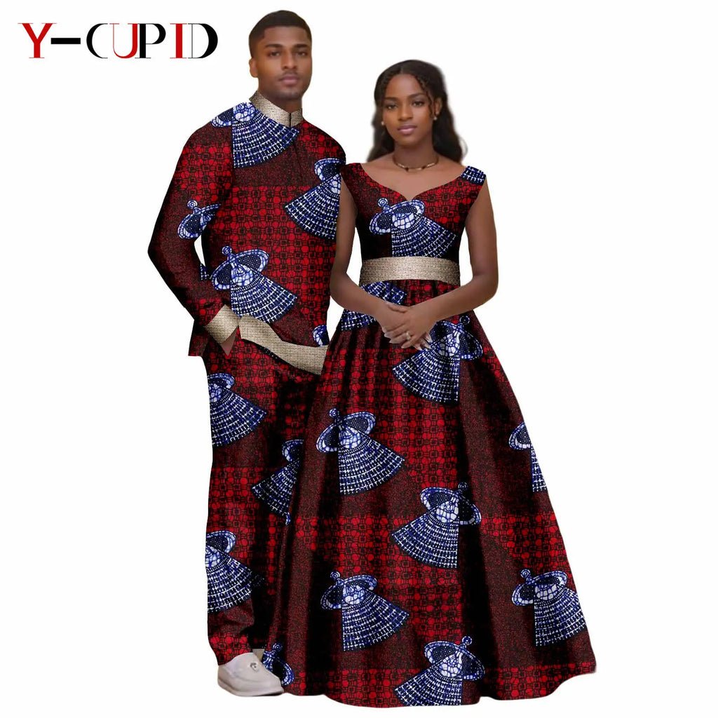 African Print V-neck Long Tutu Dresses for Women Matching Couple Clothes Men Outfits Wedding Dashiki Top and Pant Sets 25C034