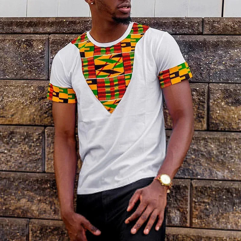 Men's African Kente Pattern T-Shirt Black Slim Fit Ethnic Casual Short Sleeve Fashion Top