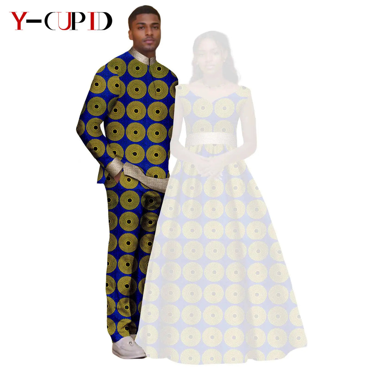 African Print V-neck Long Tutu Dresses for Women Matching Couple Clothes Men Outfits Wedding Dashiki Top and Pant Sets 25C034