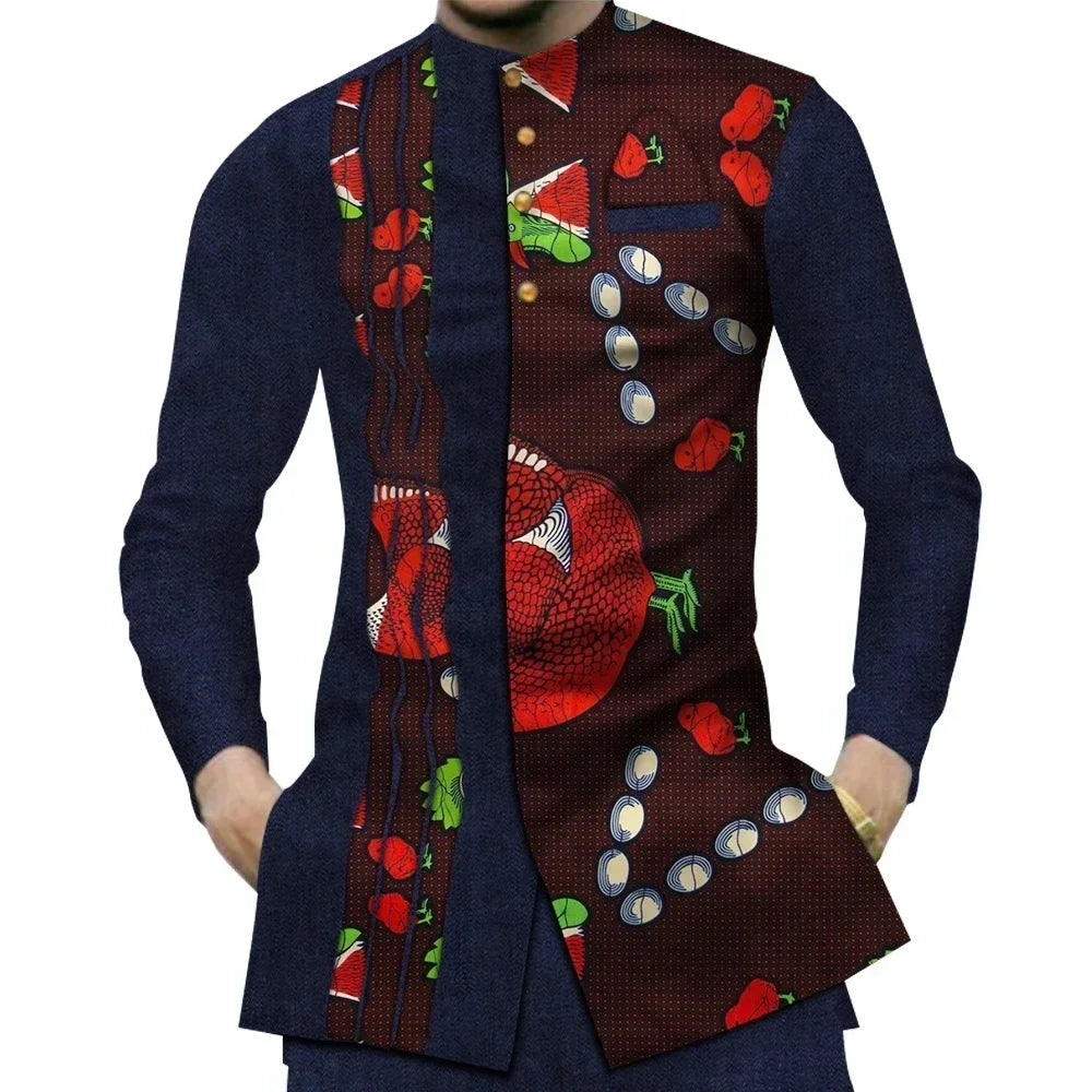 Casual 100% Cotton Mens African Clothing Dashiki Patchwork Print Shirt Tops Bazin Riche Traditional African Clothes WYN380
