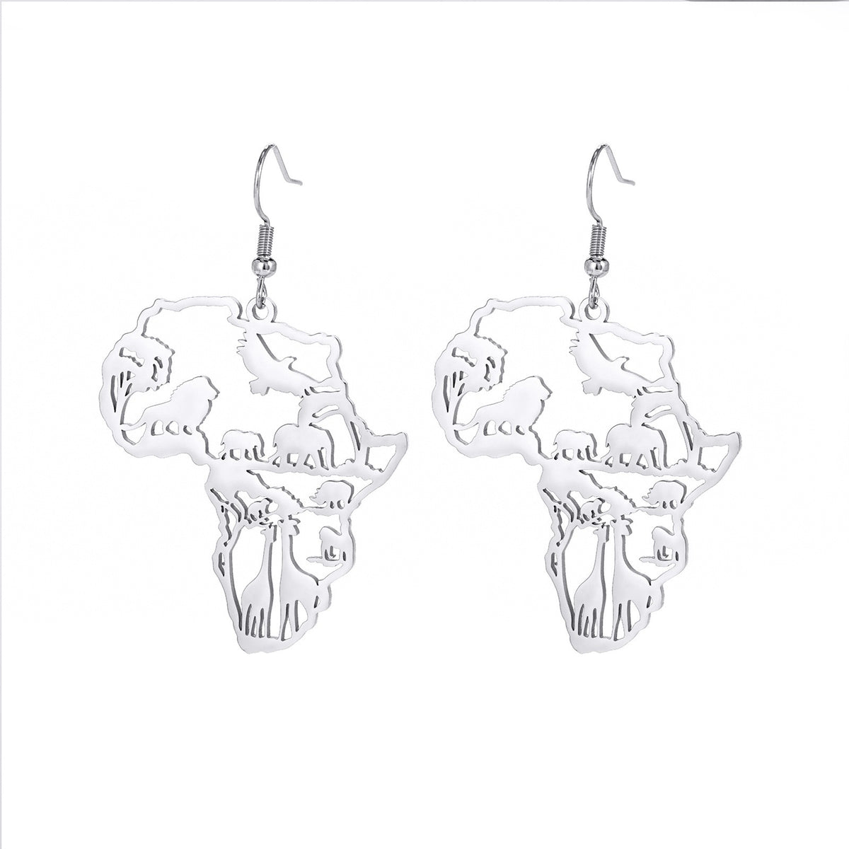 African Map Women's Pendant Earrings Animal Elephant Giraffe Tassel Earrings Stainless Steel