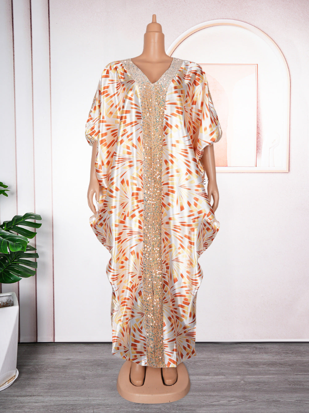 Patchwork Printed Robe African V-Neck Dress with BeadsPrinted Pattern