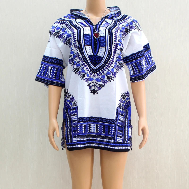 African Dashiki Shirt Unisex Africa Traditional Hoodie Top Clothes 100% COtton White Blue One Size fits All
