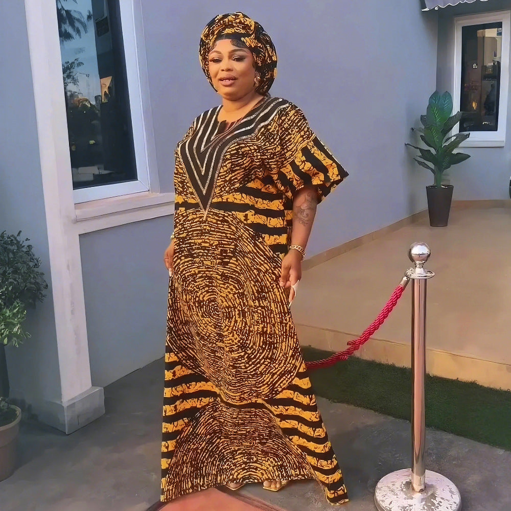 African women's printed loose robe plus-size long dress with rhinestones
