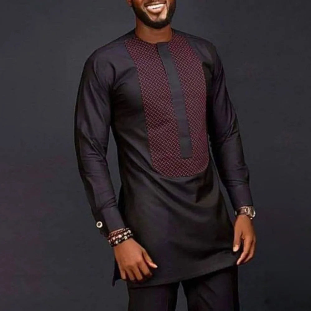 Men Shirts Simple Casual Shirt Ethnic Printing African Long Sleeve Top Round Collar Blouse Pants Two Piece Suit Africa Outfits