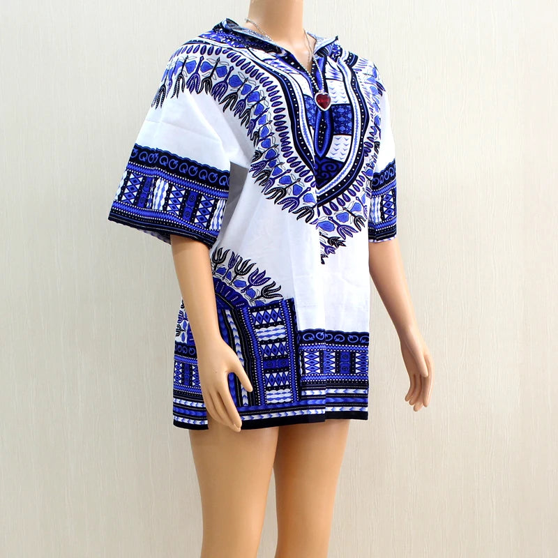 African Dashiki Shirt Unisex Africa Traditional Hoodie Top Clothes 100% COtton White Blue One Size fits All