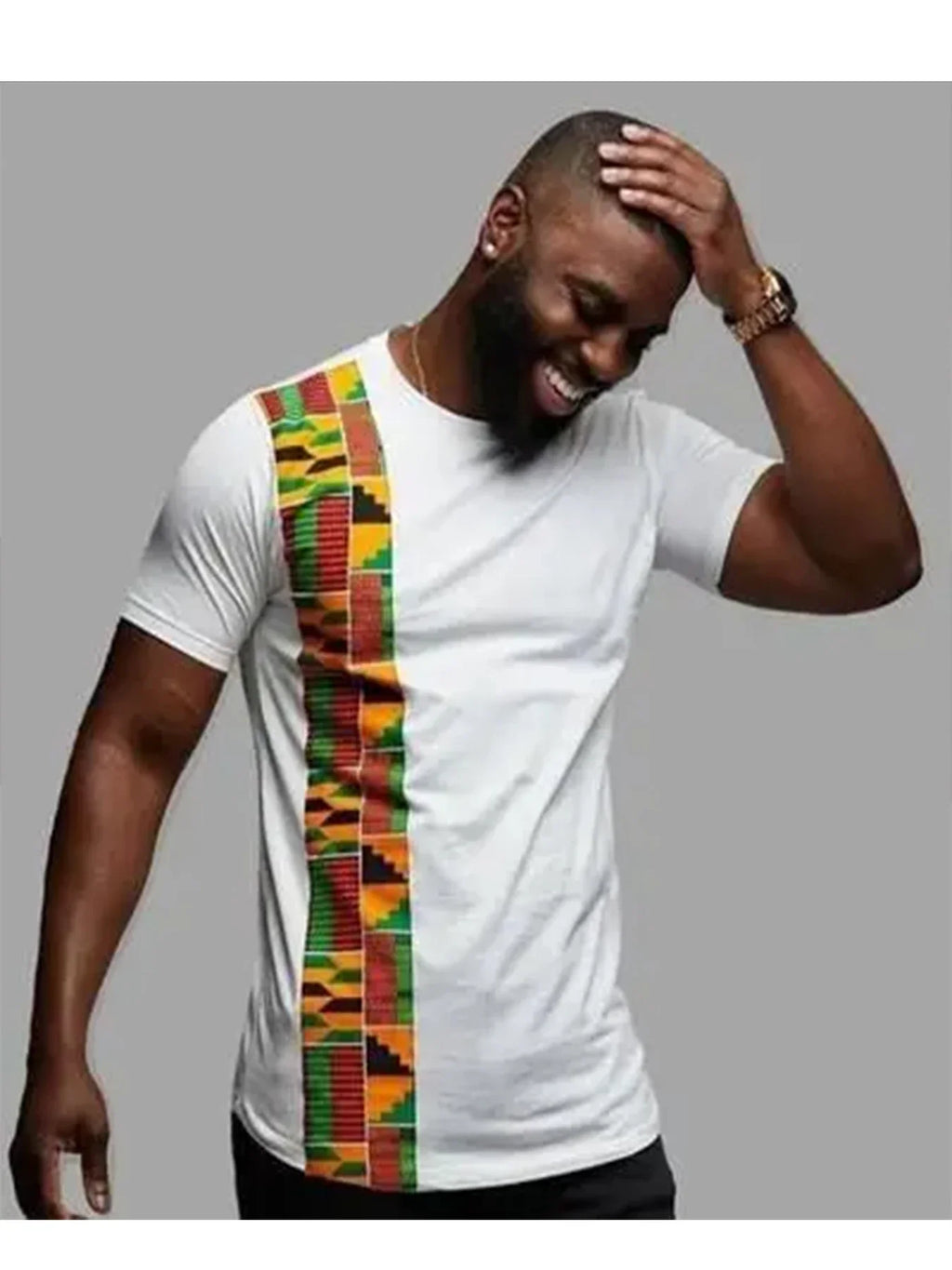 Men's African Kente Pattern T-Shirt Black Slim Fit Ethnic Casual Short Sleeve Fashion Top