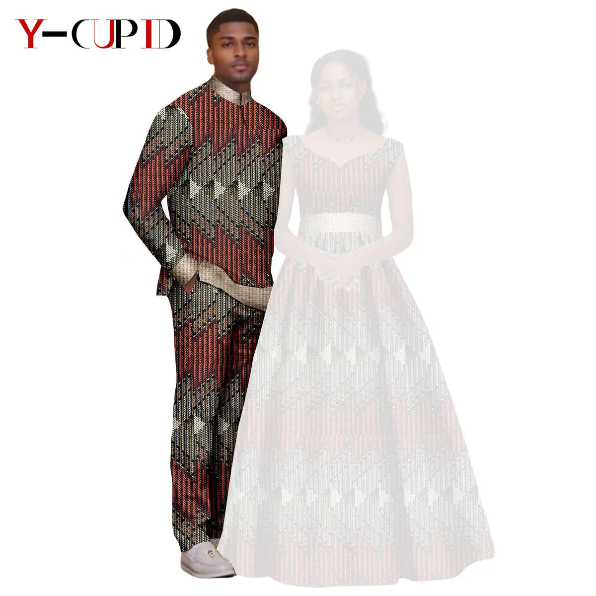 African Print V-neck Long Tutu Dresses for Women Matching Couple Clothes Men Outfits Wedding Dashiki Top and Pant Sets 25C034