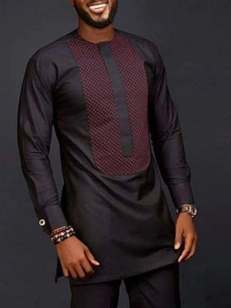 Men Shirts Simple Casual Shirt Ethnic Printing African Long Sleeve Top Round Collar Blouse Pants Two Piece Suit Africa Outfits