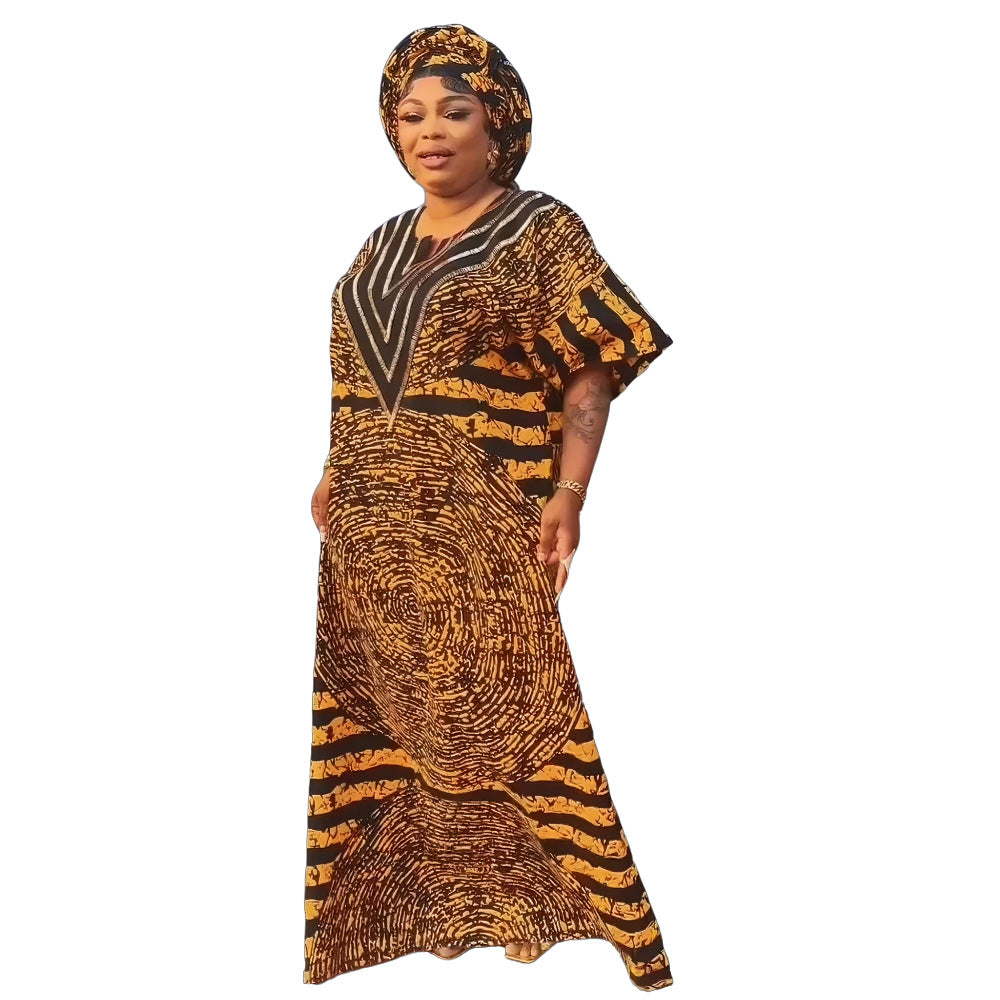 African women's printed loose robe plus-size long dress with rhinestones