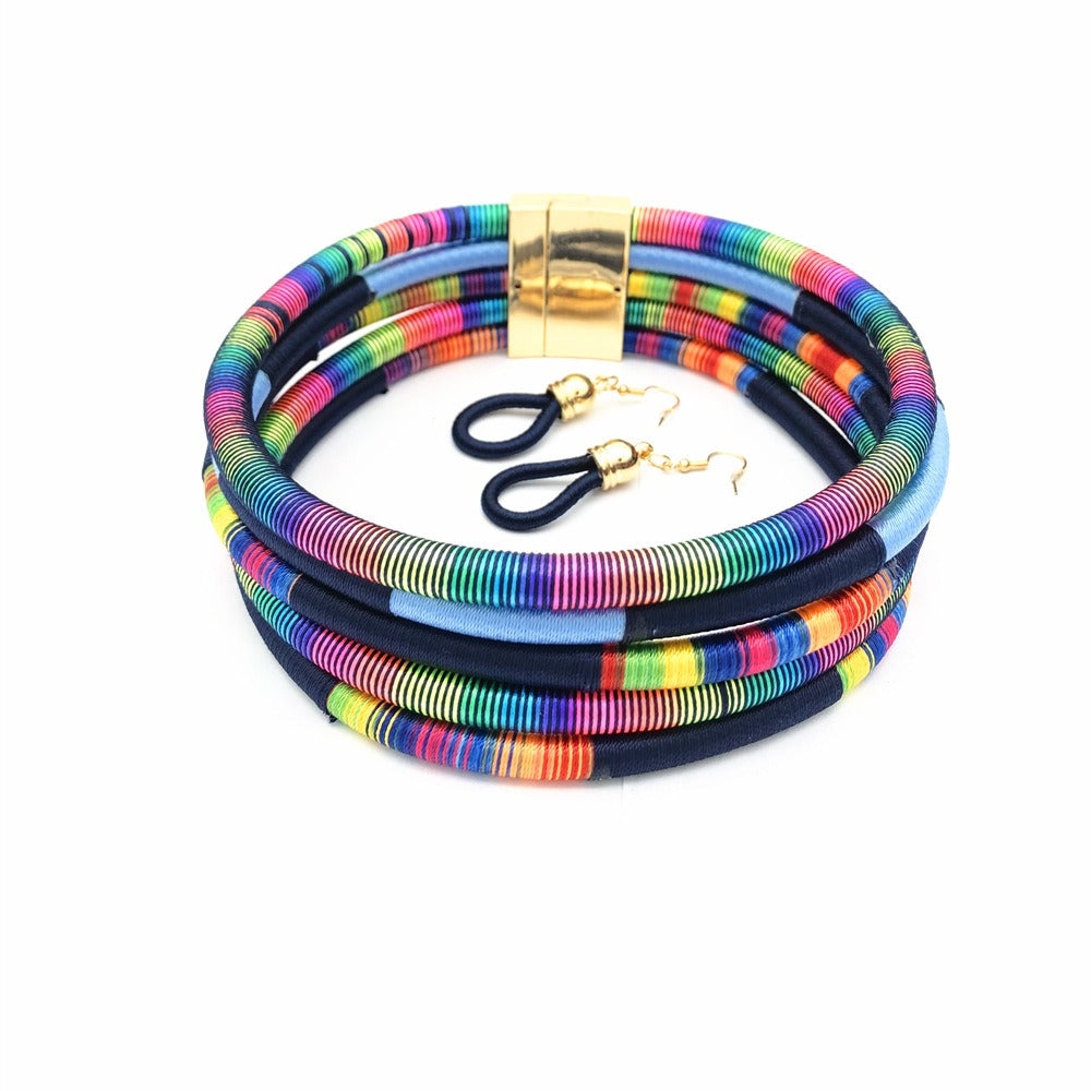 Hand woven collar African style color line magnetic buckle necklace set European and American exaggerated necklace