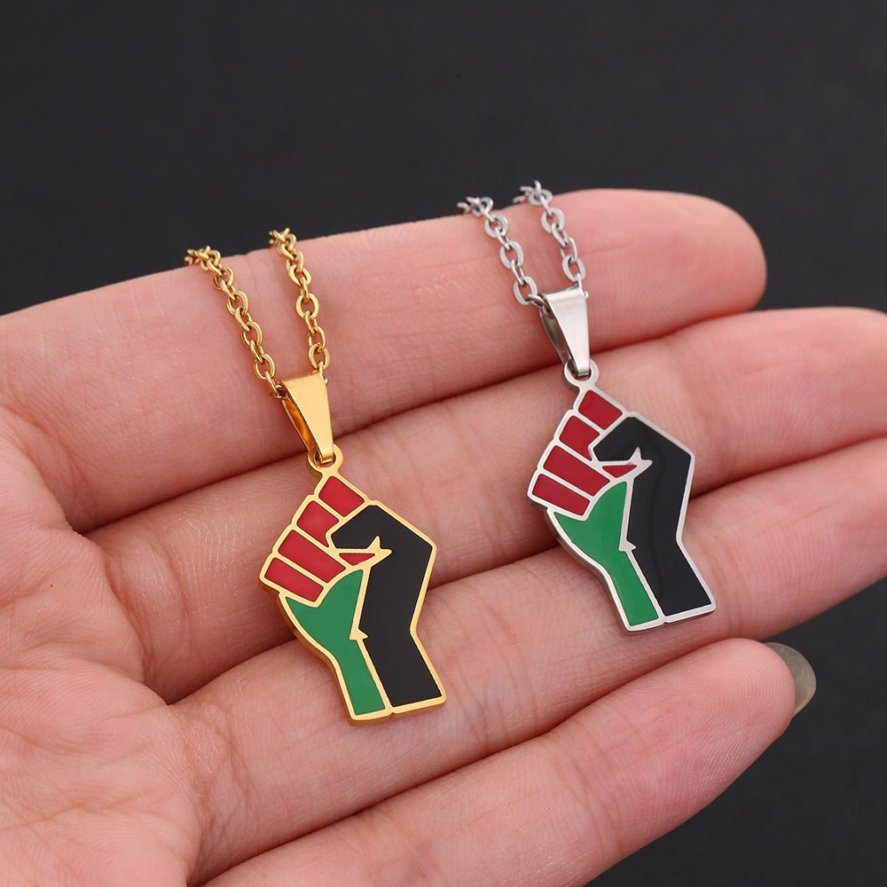 African Fist Symbol Pendant Necklace for Men and Women Geometric Titanium Steel Couple Necklace Fashion Jewelry
