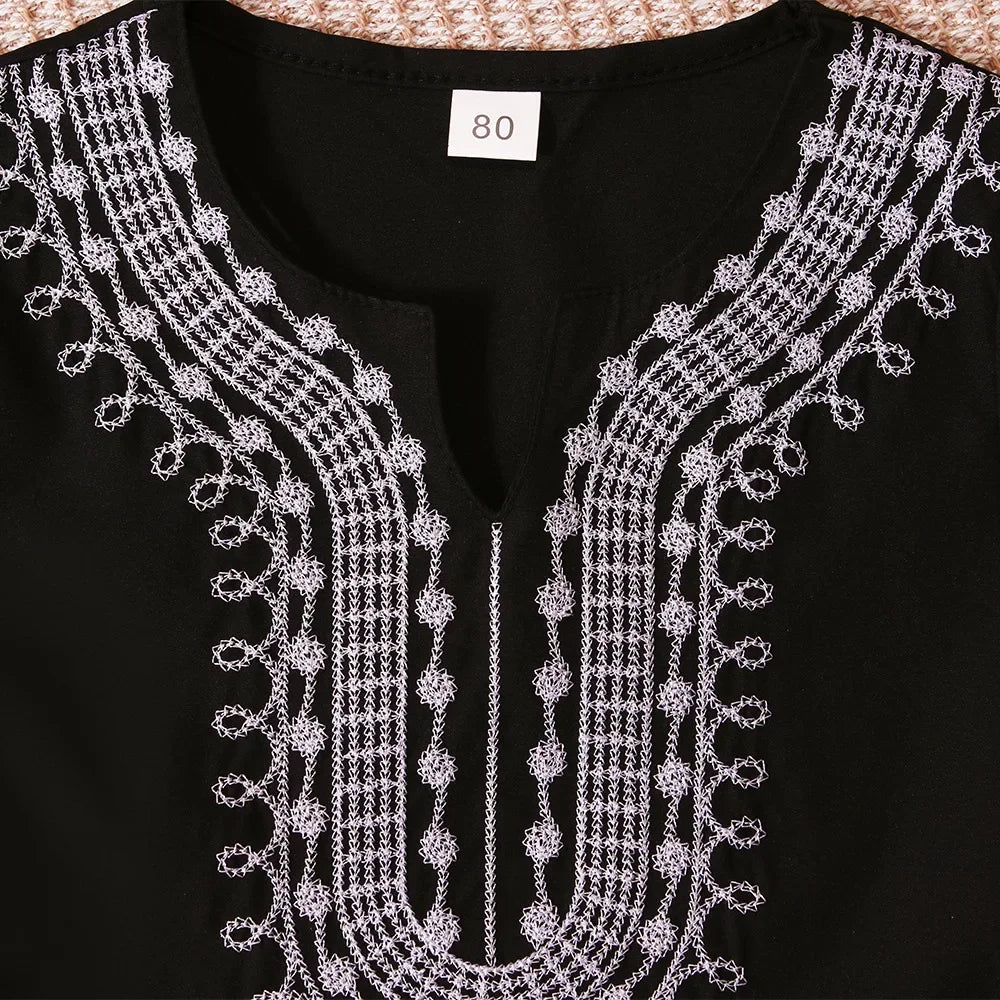 Vintage Ethnic T Shirts for 3-8Y Kids Boy Summer Fashion Short Sleeve Boy's T-Shirts African Embroidery V-Neck Tee Blouse Tops