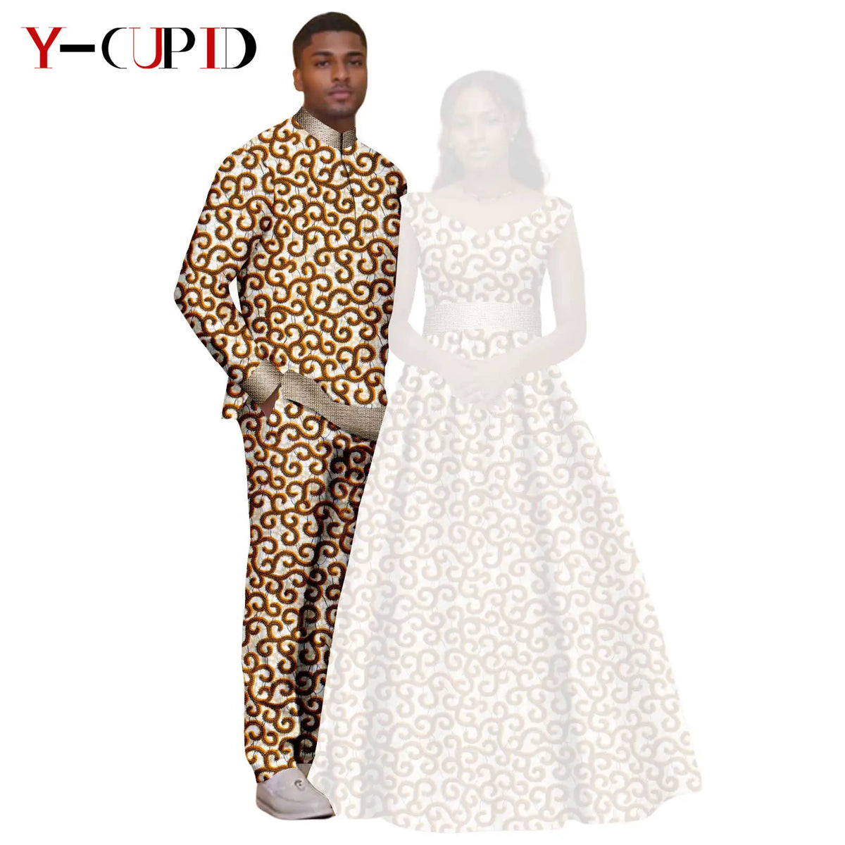 African Print V-neck Long Tutu Dresses for Women Matching Couple Clothes Men Outfits Wedding Dashiki Top and Pant Sets 25C034