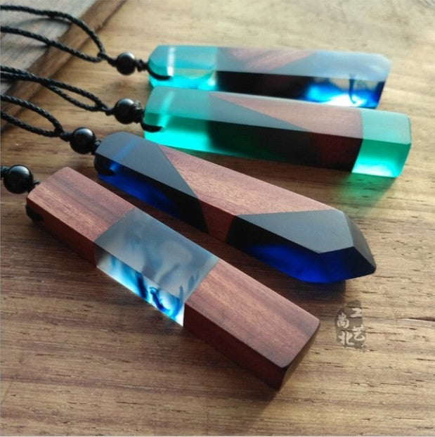 Elegant wood resin necklace pendant, woven rope chain