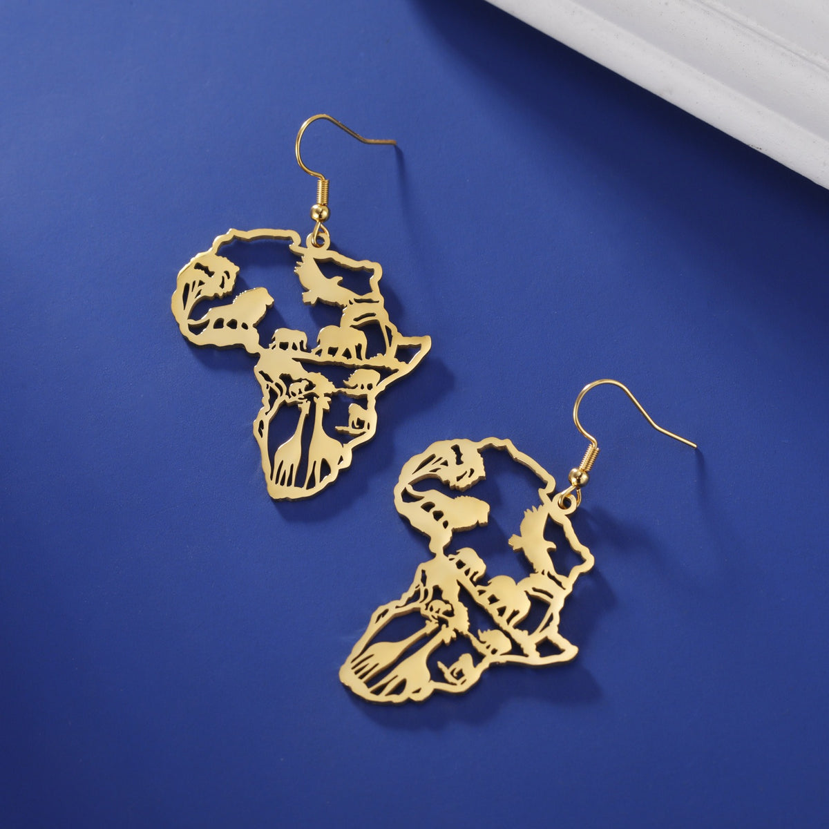 African Map Women's Pendant Earrings Animal Elephant Giraffe Tassel Earrings Stainless Steel