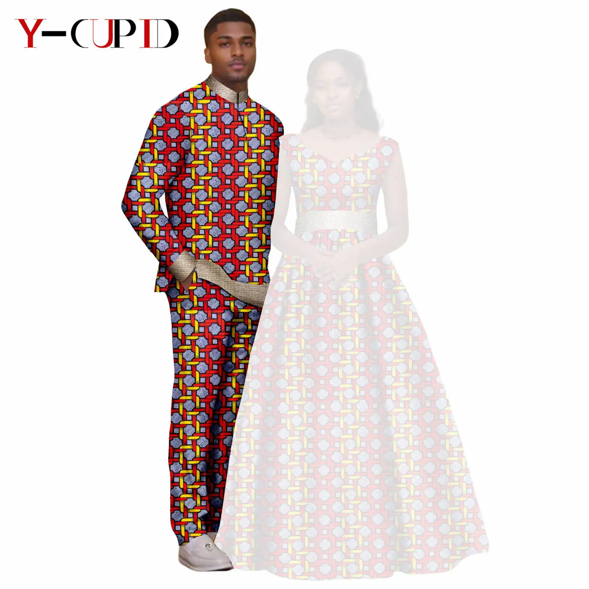 African Print V-neck Long Tutu Dresses for Women Matching Couple Clothes Men Outfits Wedding Dashiki Top and Pant Sets 25C034