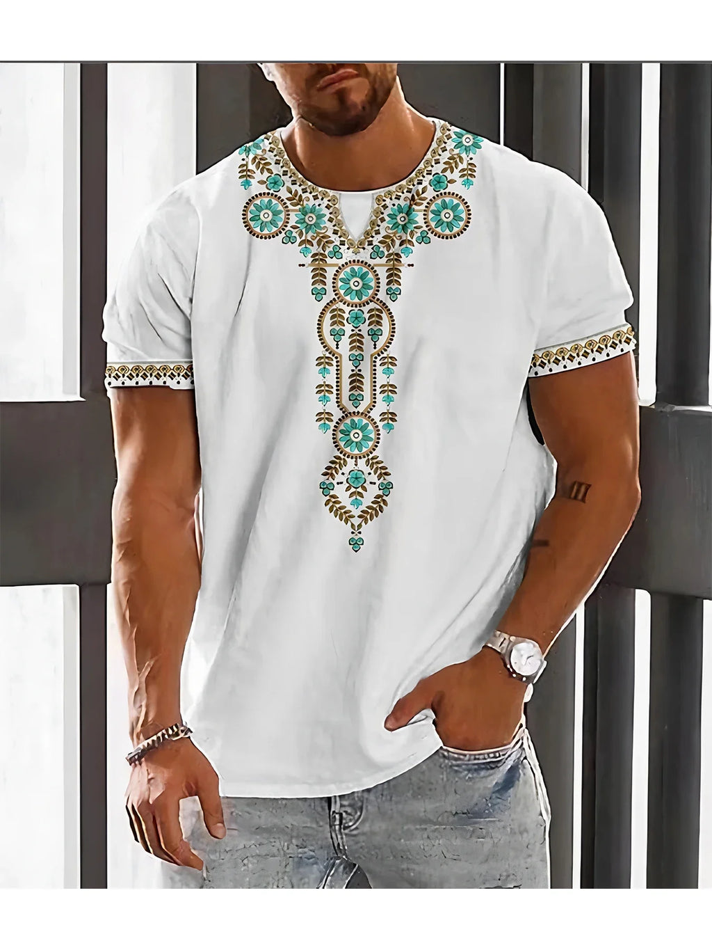 Men's African Kente Pattern T-Shirt Black Slim Fit Ethnic Casual Short Sleeve Fashion Top