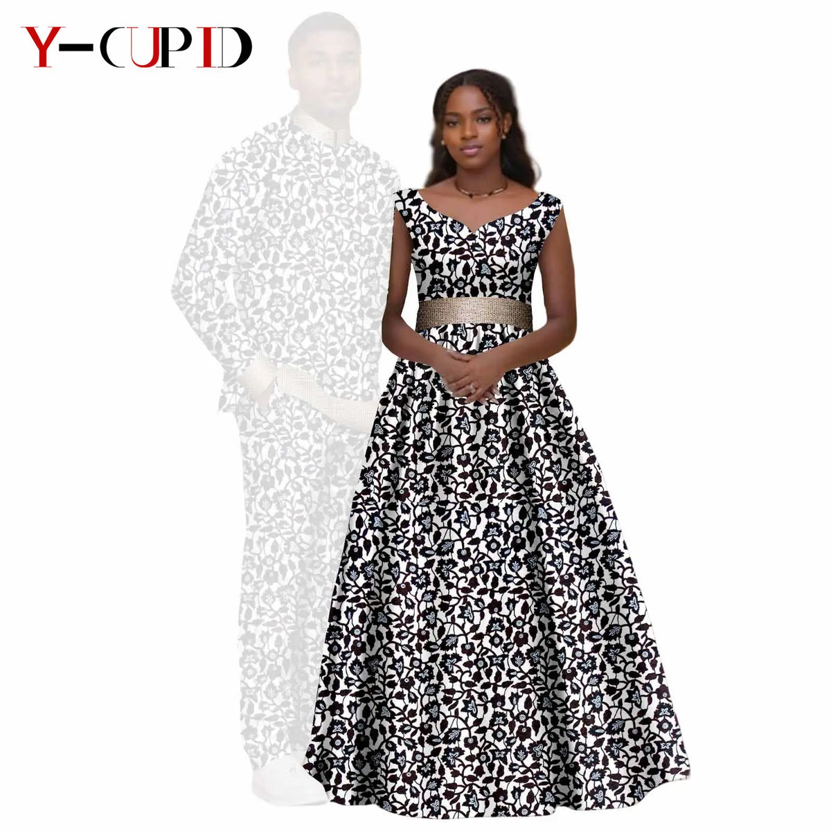 African Print V-neck Long Tutu Dresses for Women Matching Couple Clothes Men Outfits Wedding Dashiki Top and Pant Sets 25C034