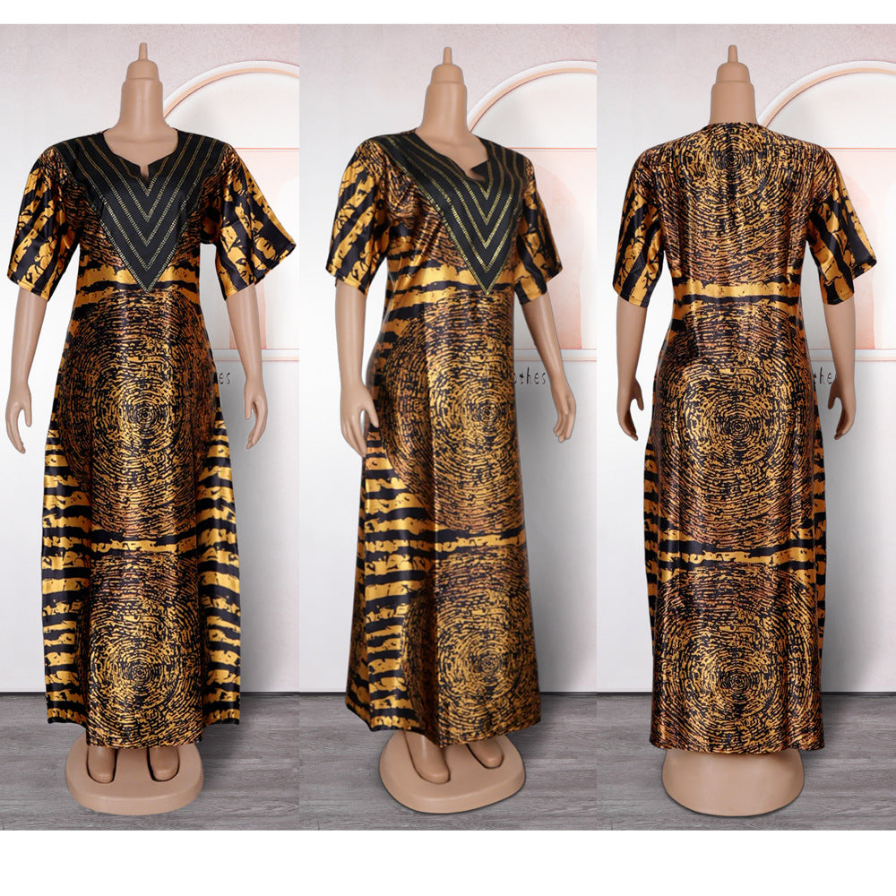 African women's printed loose robe plus-size long dress with rhinestones