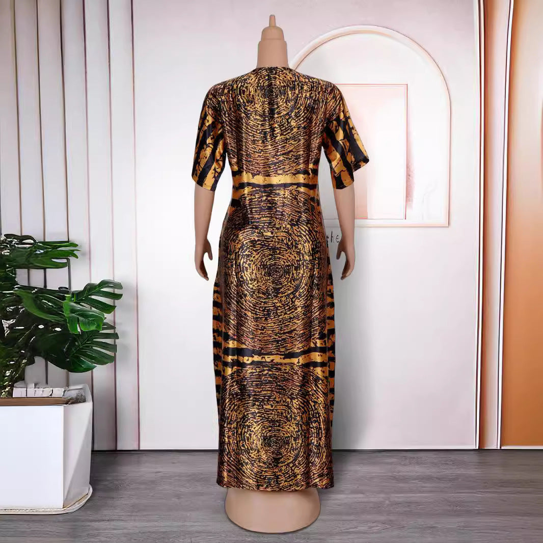African women's printed loose robe plus-size long dress with rhinestones