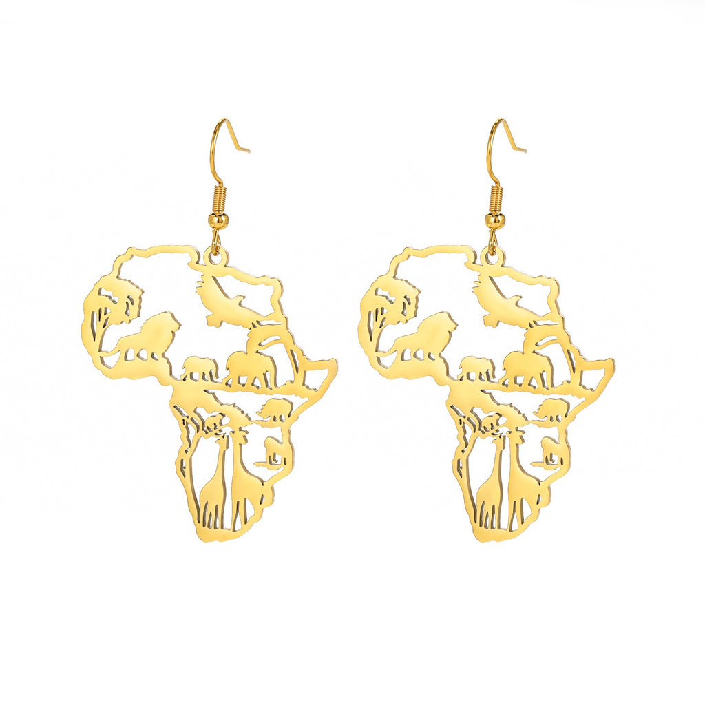 African Map Women's Pendant Earrings Animal Elephant Giraffe Tassel Earrings Stainless Steel