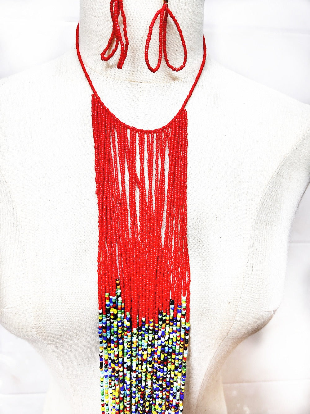 African Style Colorful Bead Necklace Set Long Tassel Sweater Chain