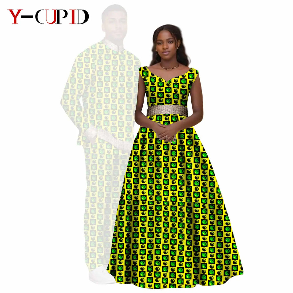 African Print V-neck Long Tutu Dresses for Women Matching Couple Clothes Men Outfits Wedding Dashiki Top and Pant Sets 25C034