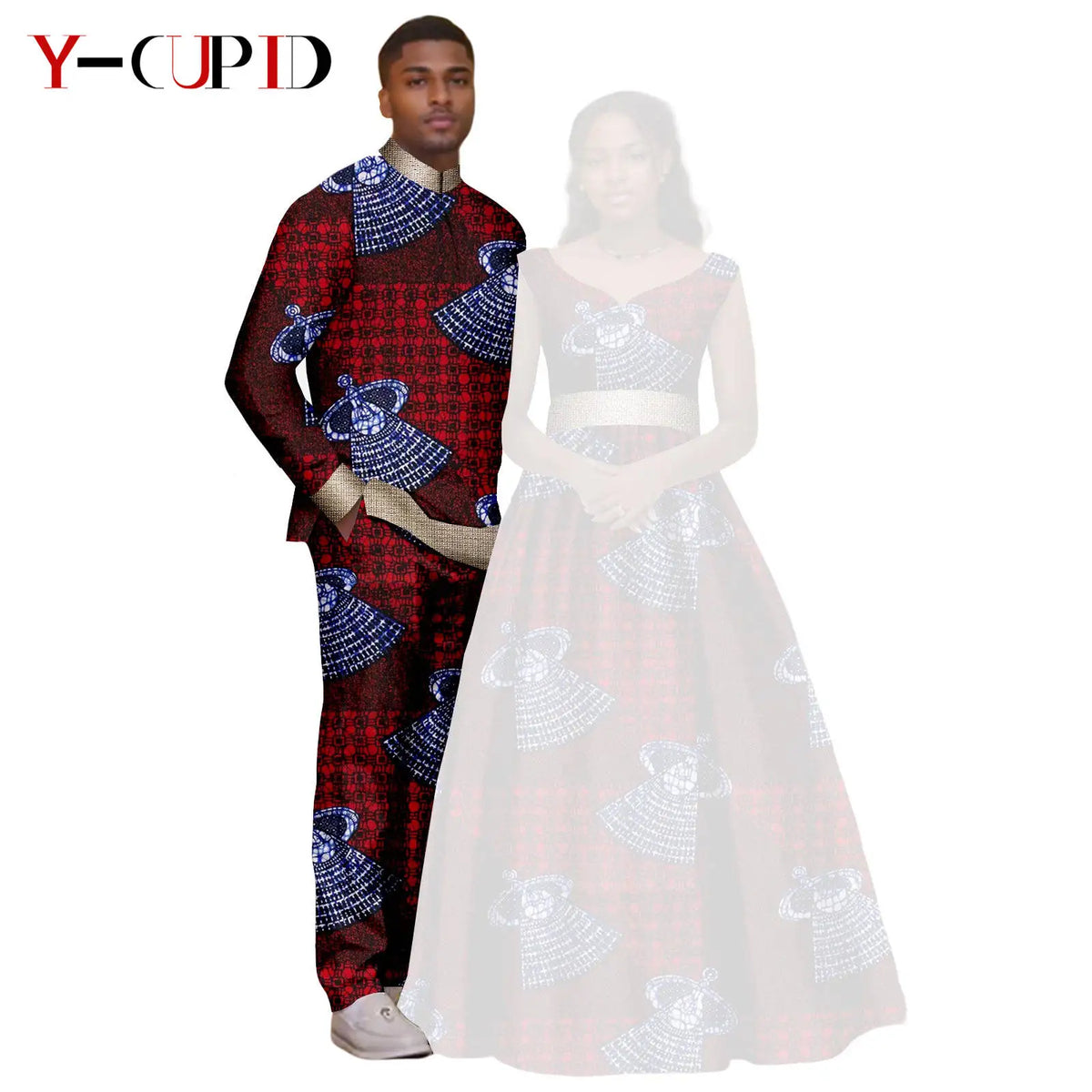 African Print V-neck Long Tutu Dresses for Women Matching Couple Clothes Men Outfits Wedding Dashiki Top and Pant Sets 25C034