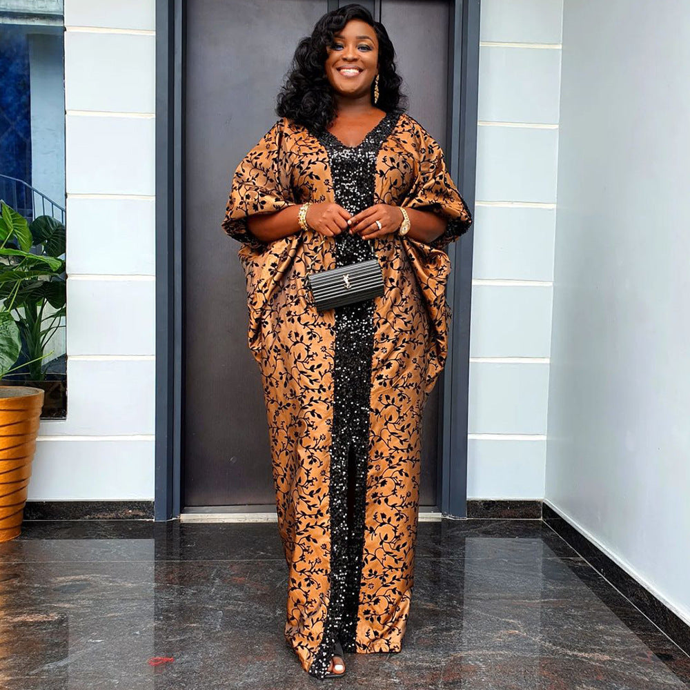 Patchwork Printed Robe African V-Neck Dress with BeadsPrinted Pattern