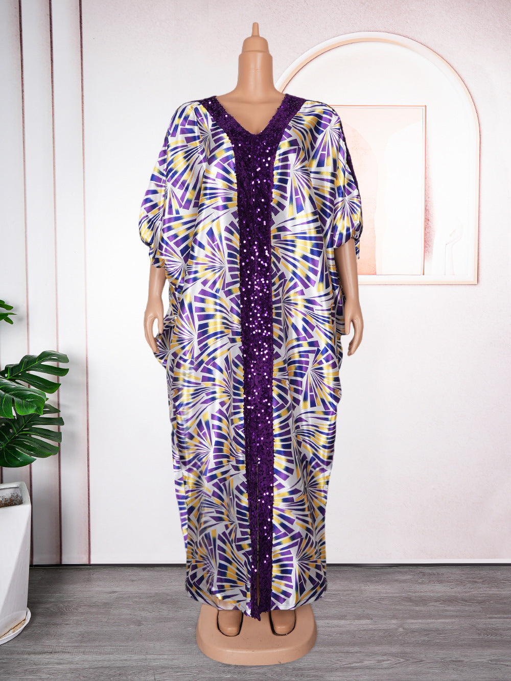 Patchwork Printed Robe African V-Neck Dress with BeadsPrinted Pattern