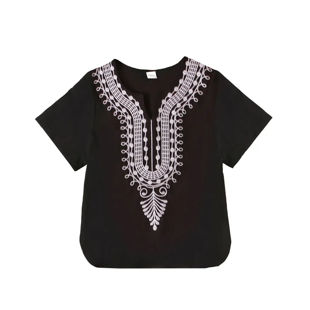 Vintage Ethnic T Shirts for 3-8Y Kids Boy Summer Fashion Short Sleeve Boy's T-Shirts African Embroidery V-Neck Tee Blouse Tops