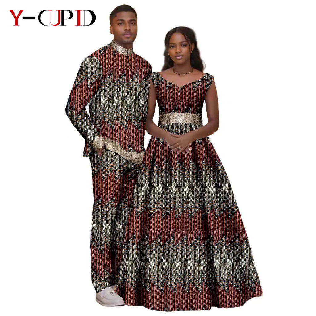African Print V-neck Long Tutu Dresses for Women Matching Couple Clothes Men Outfits Wedding Dashiki Top and Pant Sets 25C034