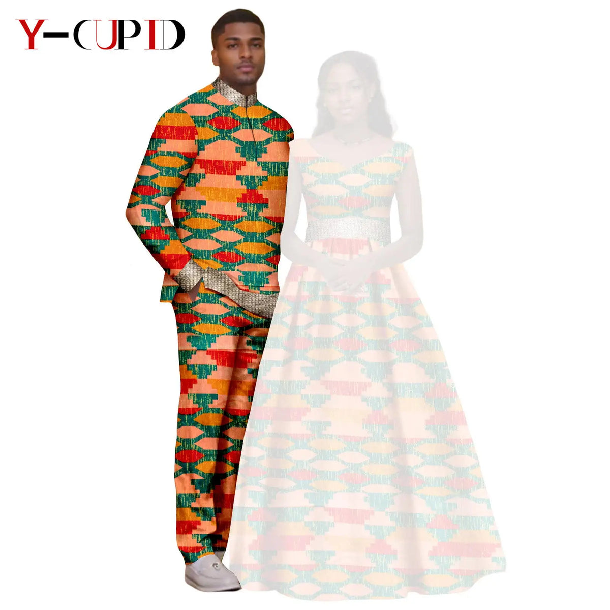 African Print V-neck Long Tutu Dresses for Women Matching Couple Clothes Men Outfits Wedding Dashiki Top and Pant Sets 25C034