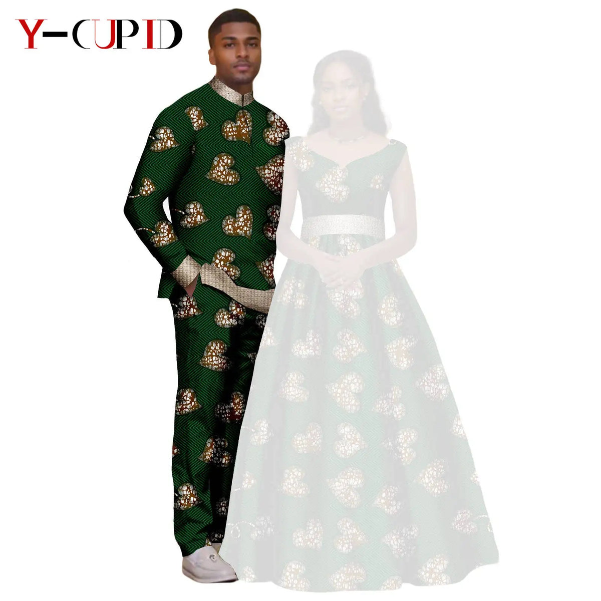 African Print V-neck Long Tutu Dresses for Women Matching Couple Clothes Men Outfits Wedding Dashiki Top and Pant Sets 25C034