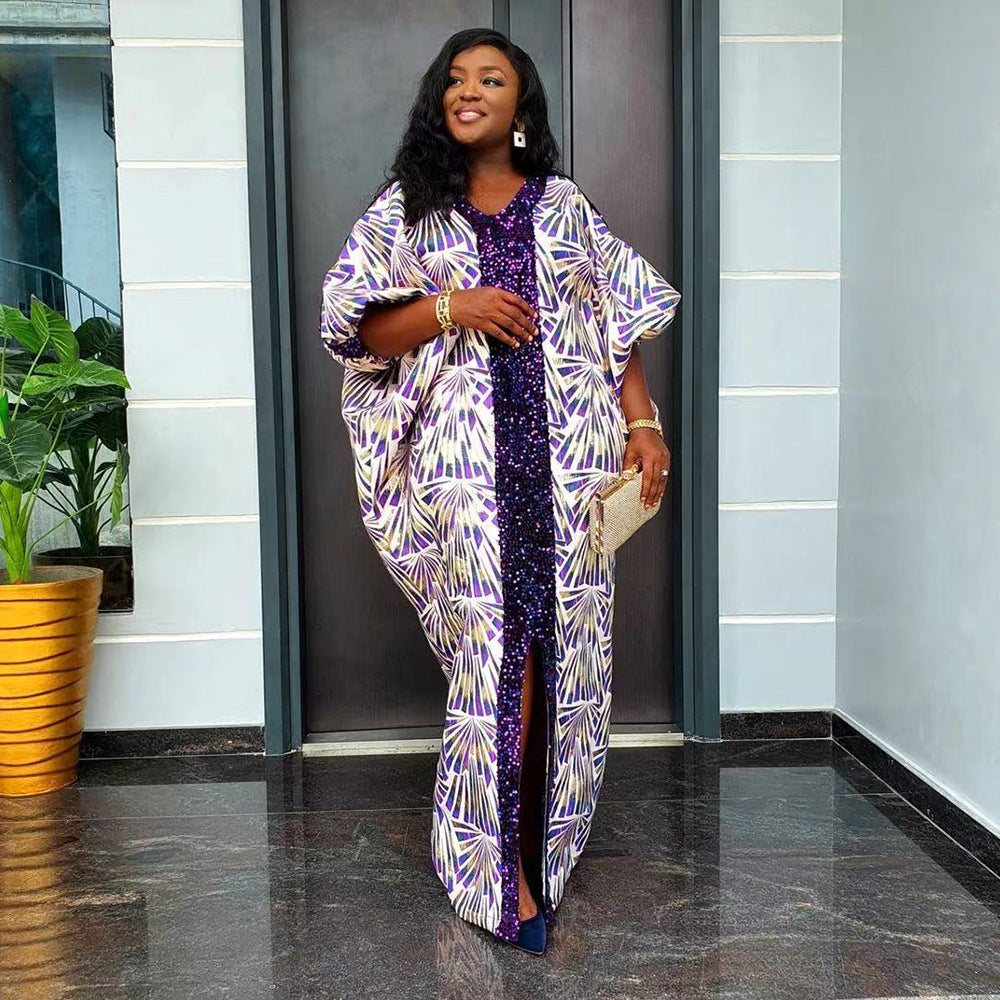 Patchwork Printed Robe African V-Neck Dress with BeadsPrinted Pattern