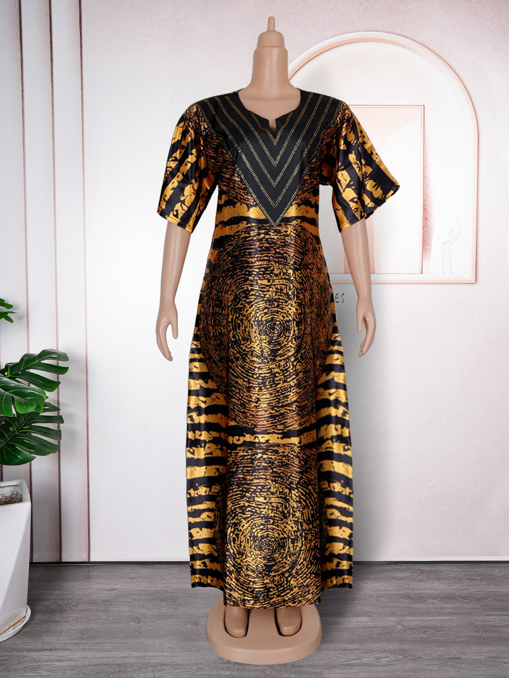 African women's printed loose robe plus-size long dress with rhinestones