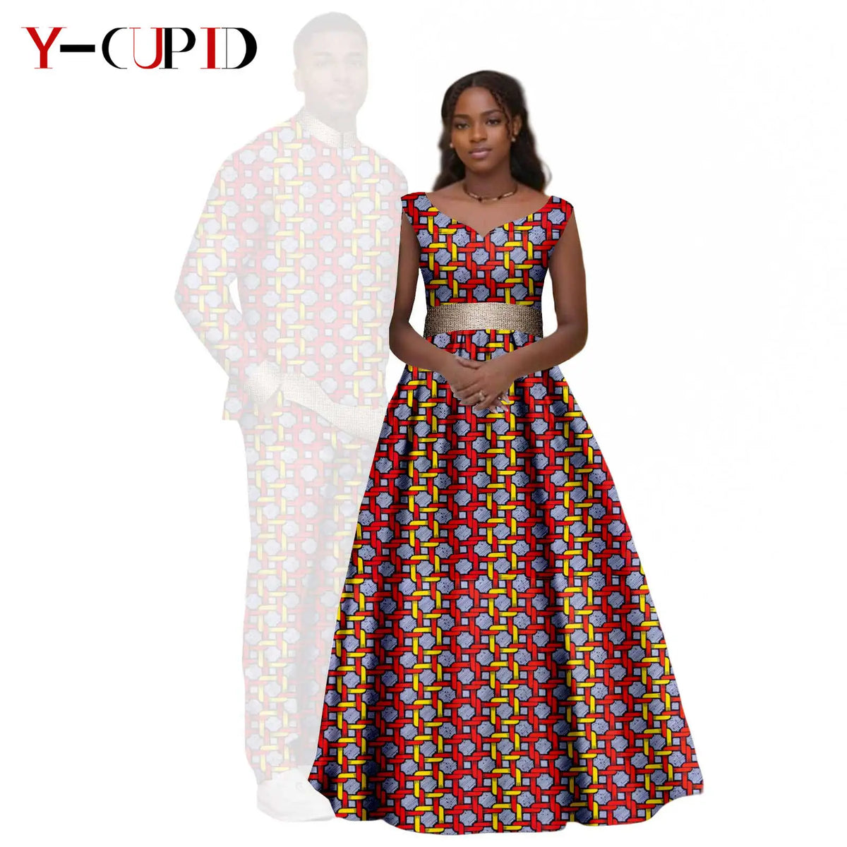 African Print V-neck Long Tutu Dresses for Women Matching Couple Clothes Men Outfits Wedding Dashiki Top and Pant Sets 25C034