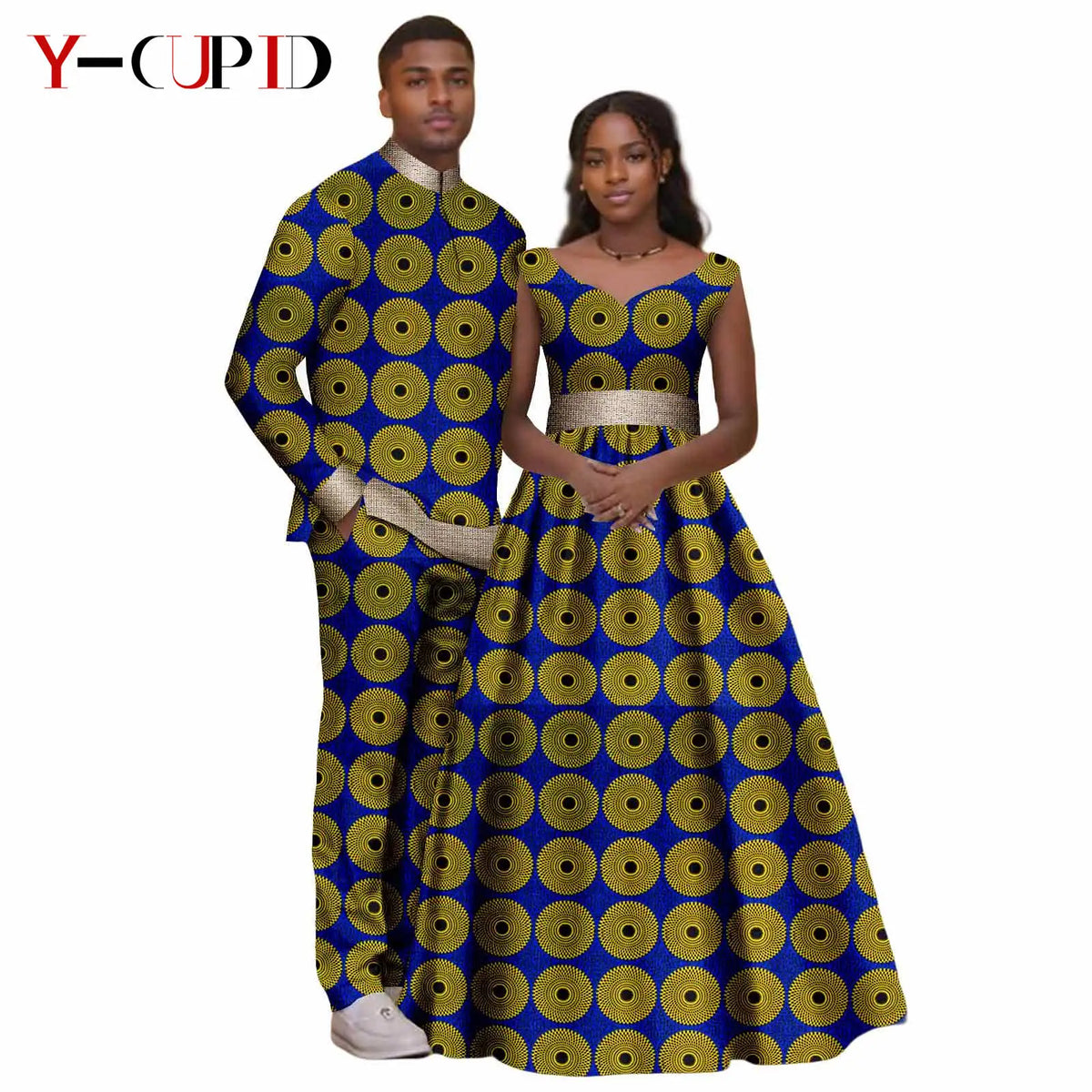 African Print V-neck Long Tutu Dresses for Women Matching Couple Clothes Men Outfits Wedding Dashiki Top and Pant Sets 25C034