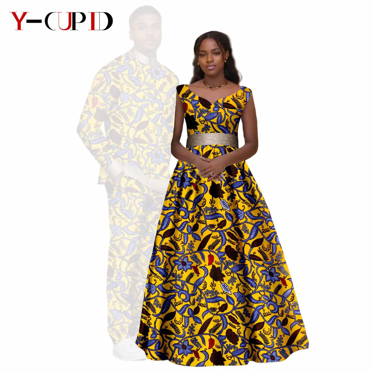 African Print V-neck Long Tutu Dresses for Women Matching Couple Clothes Men Outfits Wedding Dashiki Top and Pant Sets 25C034