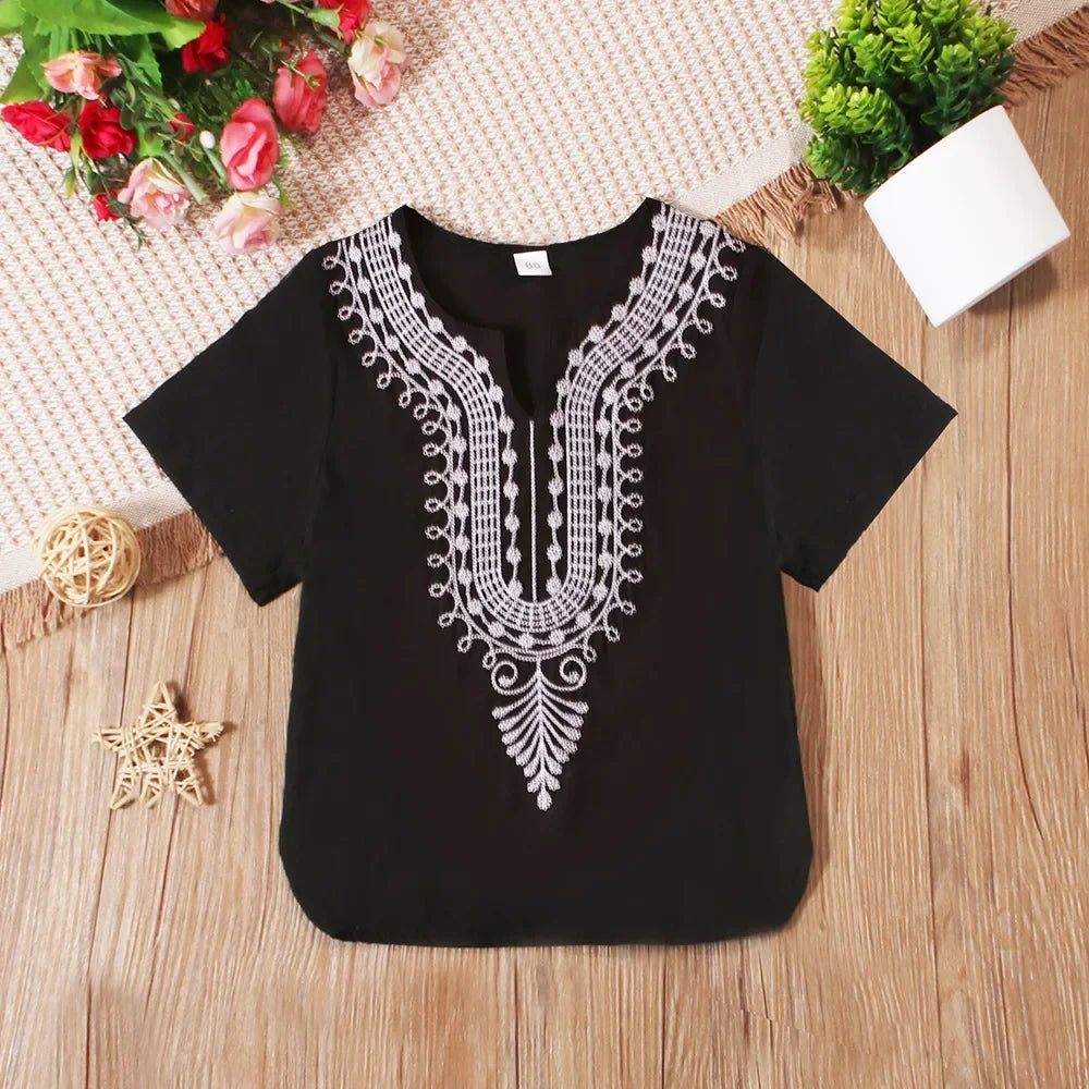 Vintage Ethnic T Shirts for 3-8Y Kids Boy Summer Fashion Short Sleeve Boy's T-Shirts African Embroidery V-Neck Tee Blouse Tops