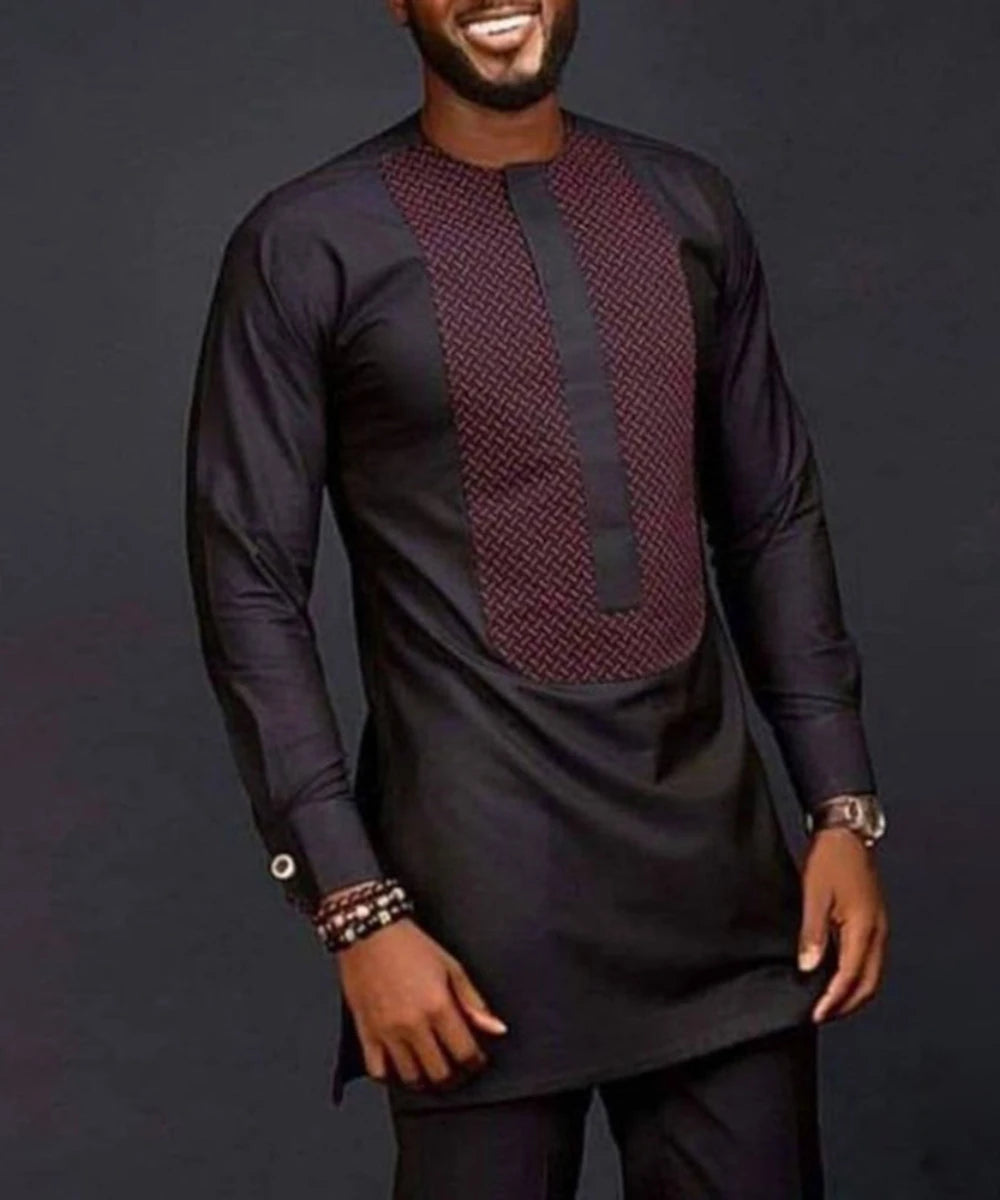 Men Shirts Simple Casual Shirt Ethnic Printing African Long Sleeve Top Round Collar Blouse Pants Two Piece Suit Africa Outfits