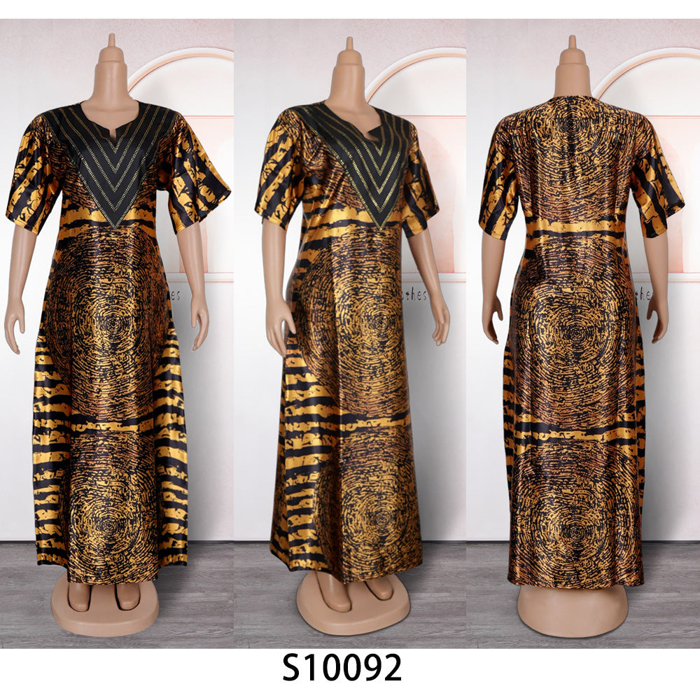 African women's printed loose robe plus-size long dress with rhinestones
